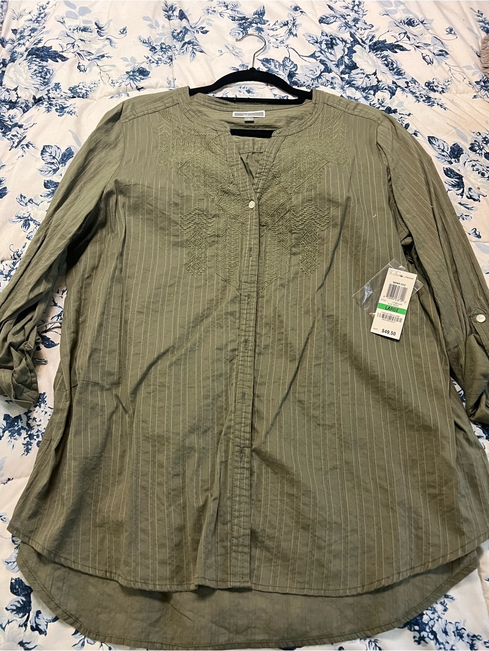 Sag Harbor Olive Pinstriped Embroidered Button-Front Top